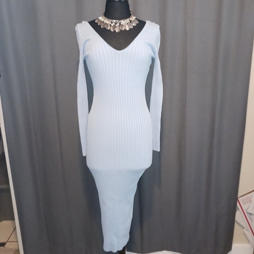 Fashion Nova Light Blue Ribbed Long Sleeve Bodycon Maxi Dress Large‎ & Necklace